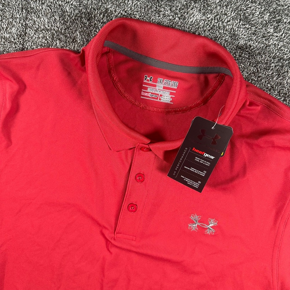 NEW Under Armour Polo Shirt Mens 2XL HeatGear Red Short Slv Antler Logo Hungting